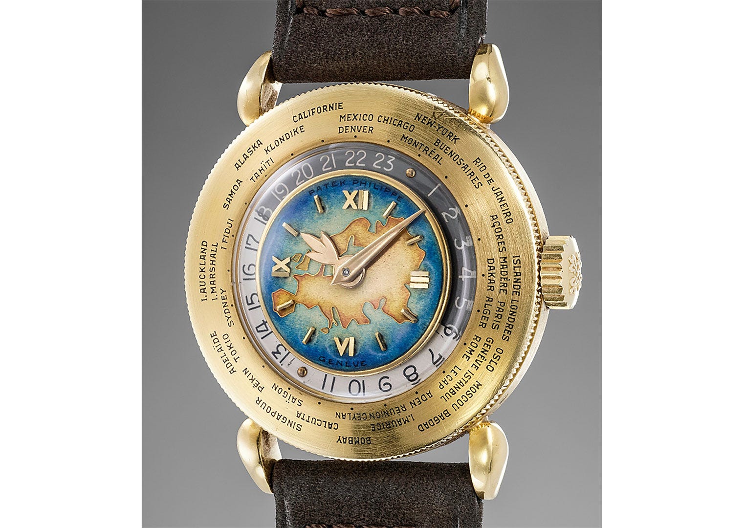 One of the earliest world time wristwatches, the reference 1415. Image courtesy of Phillips