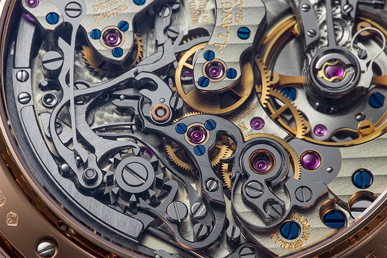As is the A. Lange & Söhne calibre L951.5, fashioned in German silver